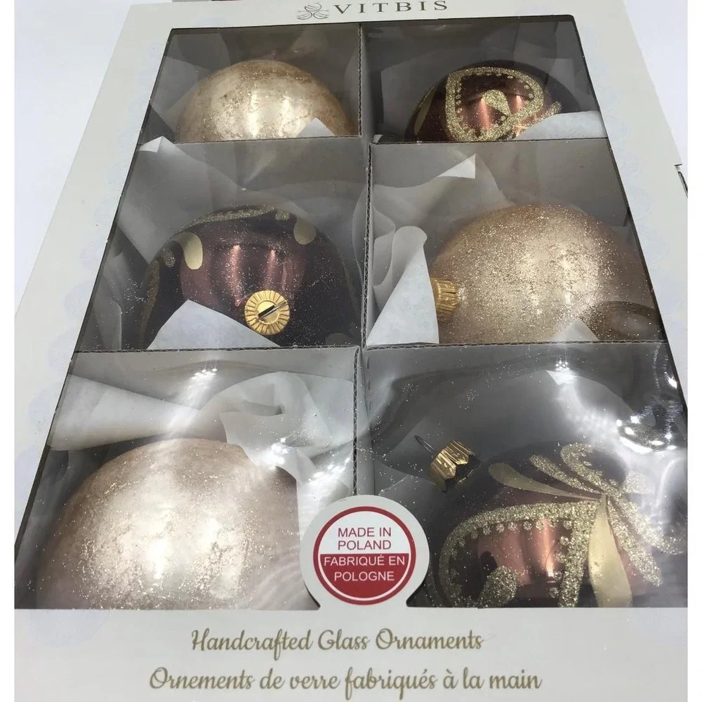 Vitbis Handcrafted Glass Christmas Ornaments Set of 12 Poland Gold Brow